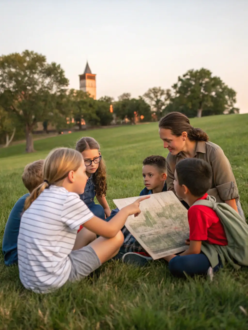 A photo of children participating in an educational workshop at the Château de Bellevue, learning about the history of the site.