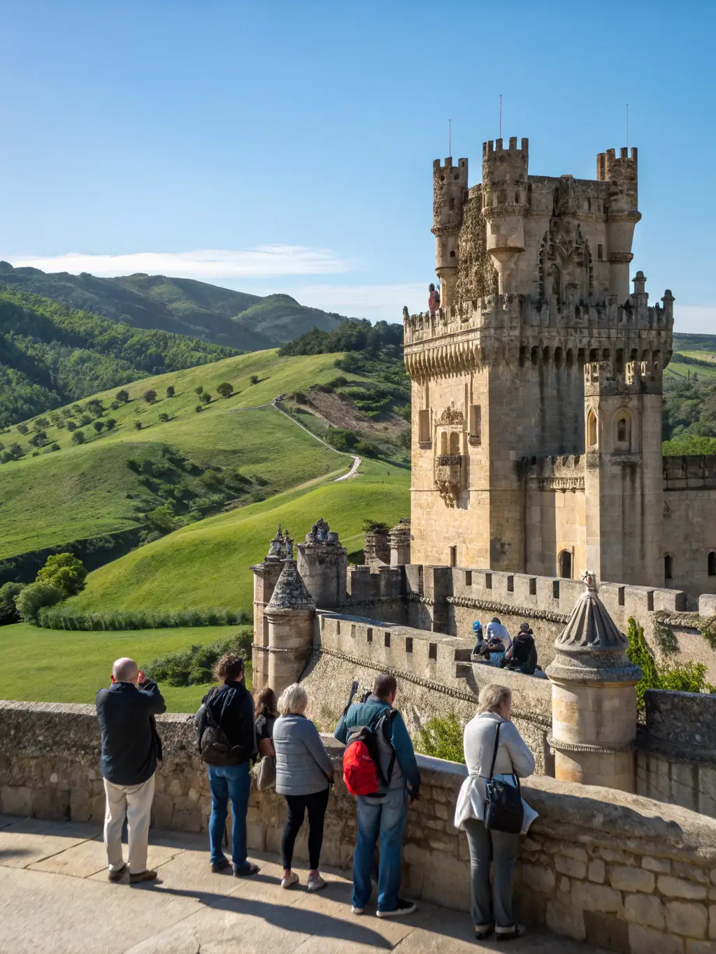 An image of a guided tour group exploring the Château de Bellevue, with a knowledgeable guide pointing out historical features.