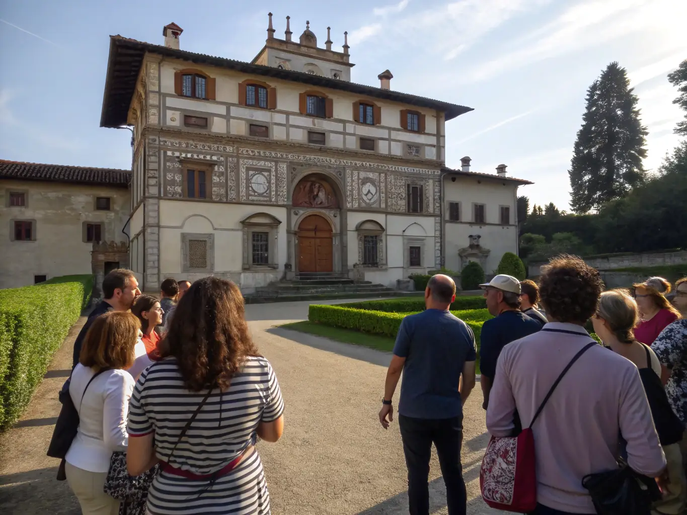 A photograph capturing a group of visitors participating in a guided tour of the Château de Bellevue, led by a knowledgeable historian. The tour group is gathered in front of the main entrance, listening attentively to the guide.