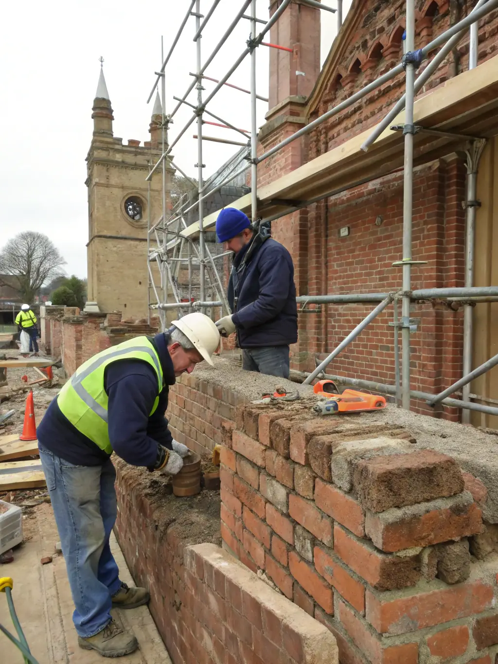 A photograph capturing volunteers working on the restoration of a section of the Château de Bellevue's wall, showcasing the hands-on preservation efforts.