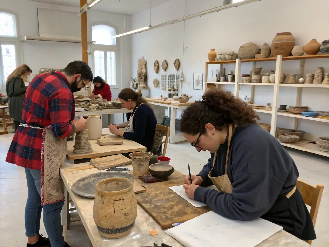 An image depicting participants in a historical workshop at Château de Bellevue, learning about traditional crafts and techniques. The workshop is held in one of the Château's historic rooms, with participants actively engaged in hands-on activities.