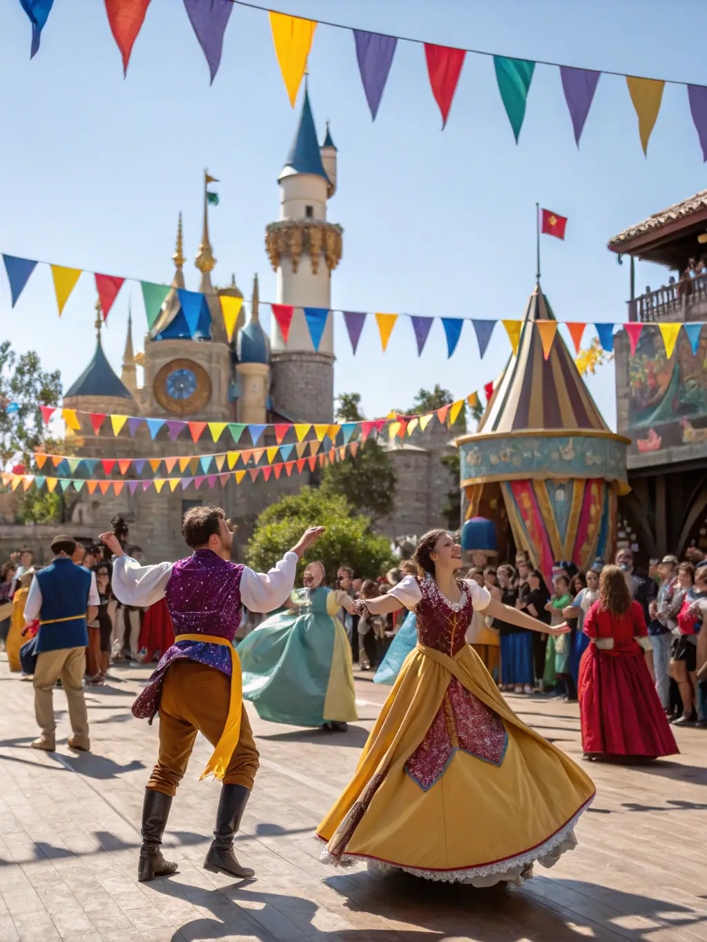 A vibrant image of a cultural event taking place in the Château de Bellevue's park, with people enjoying music, food, and historical reenactments.